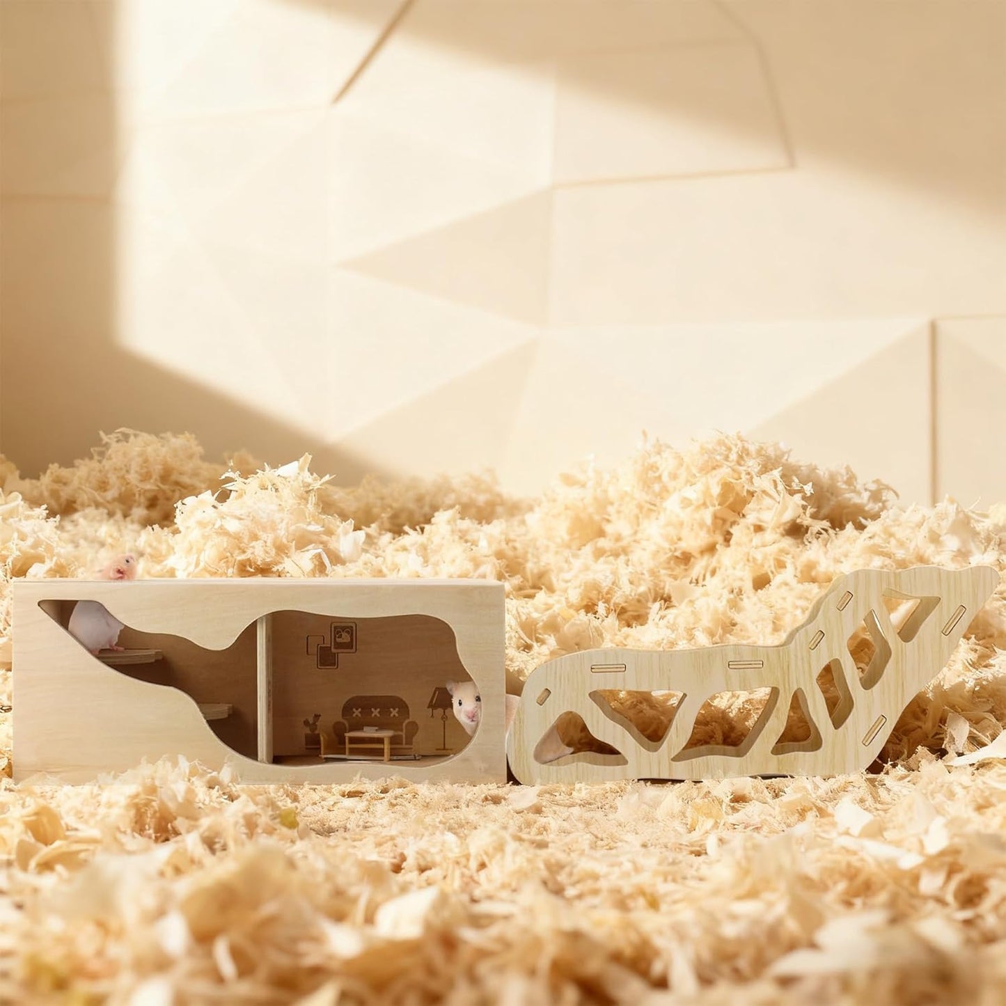 2Pcs Hamster House and Tunnel, Wooden Exploring Tunnel with Ladder, Small Animal Playground Exploring Toys for Syrian Dwarf Hamsters Gerbils Guinea Pig