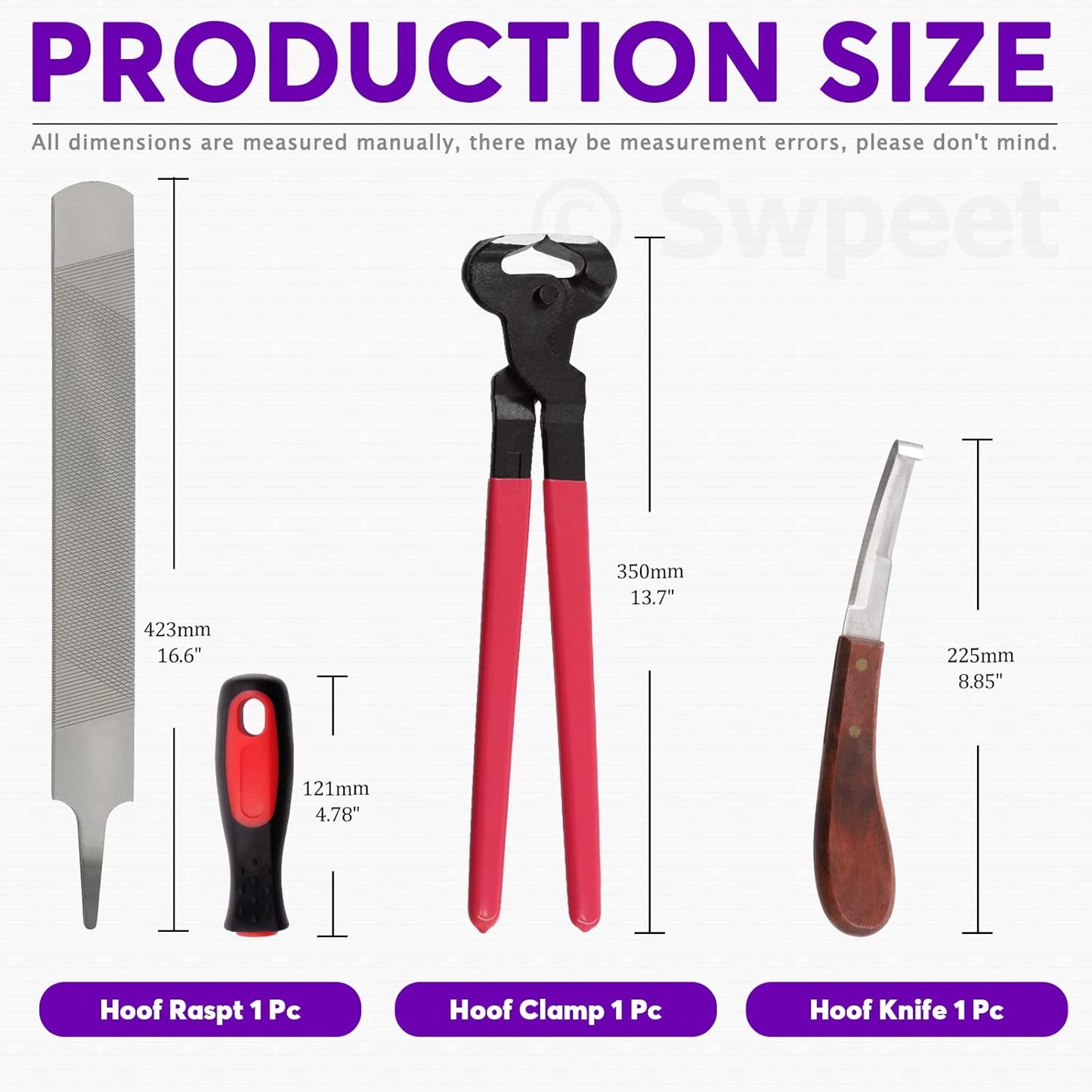 Swpeet 8Pcs Professional Farrier Tools Value Kit with Roll Pack, Horses Hoof Trimmers Shears Tools, Hoof Cutter, Farrier Rasp File and Rubber Handle, Hoof Nipper, Horseshoe Brush, Hoof Knife