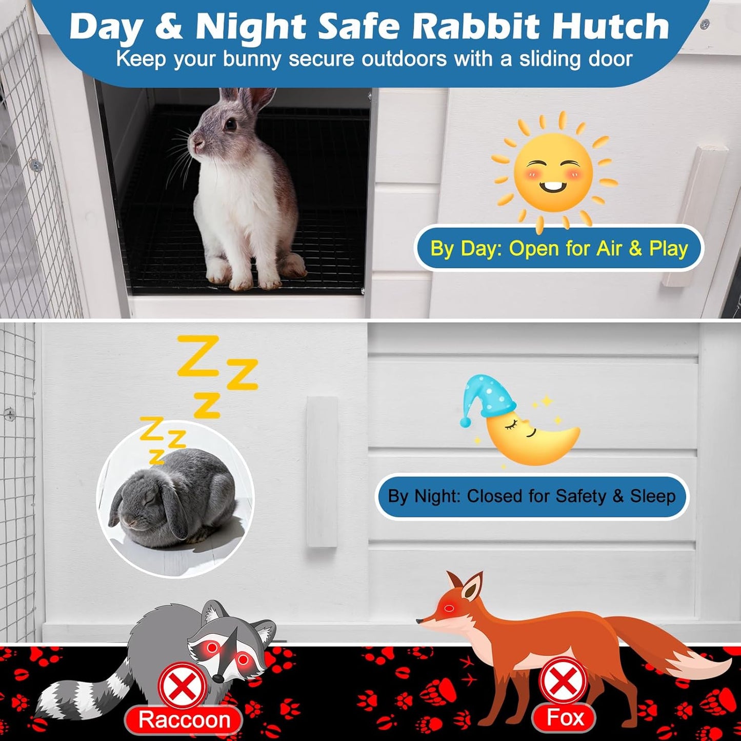 Bunny Hutch Indoor Outdoor Rabbit Cage Chicken Coop Animal House with Wire Floor Above Pull-Out Tray, Chew-Resistant Ramp & Entrance, Openable Waterproof Roof & UV-Resistant Roof