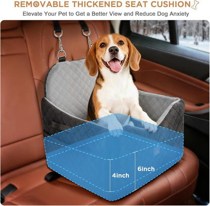 Dog Car Seat for Small/Medium Dogs Up to 35lbs, Pet Booster CarSeat with Thick Cushion, Detachable Washable Pet Car Bed with Storage Pockets, 2 Safety Belts (Grey)