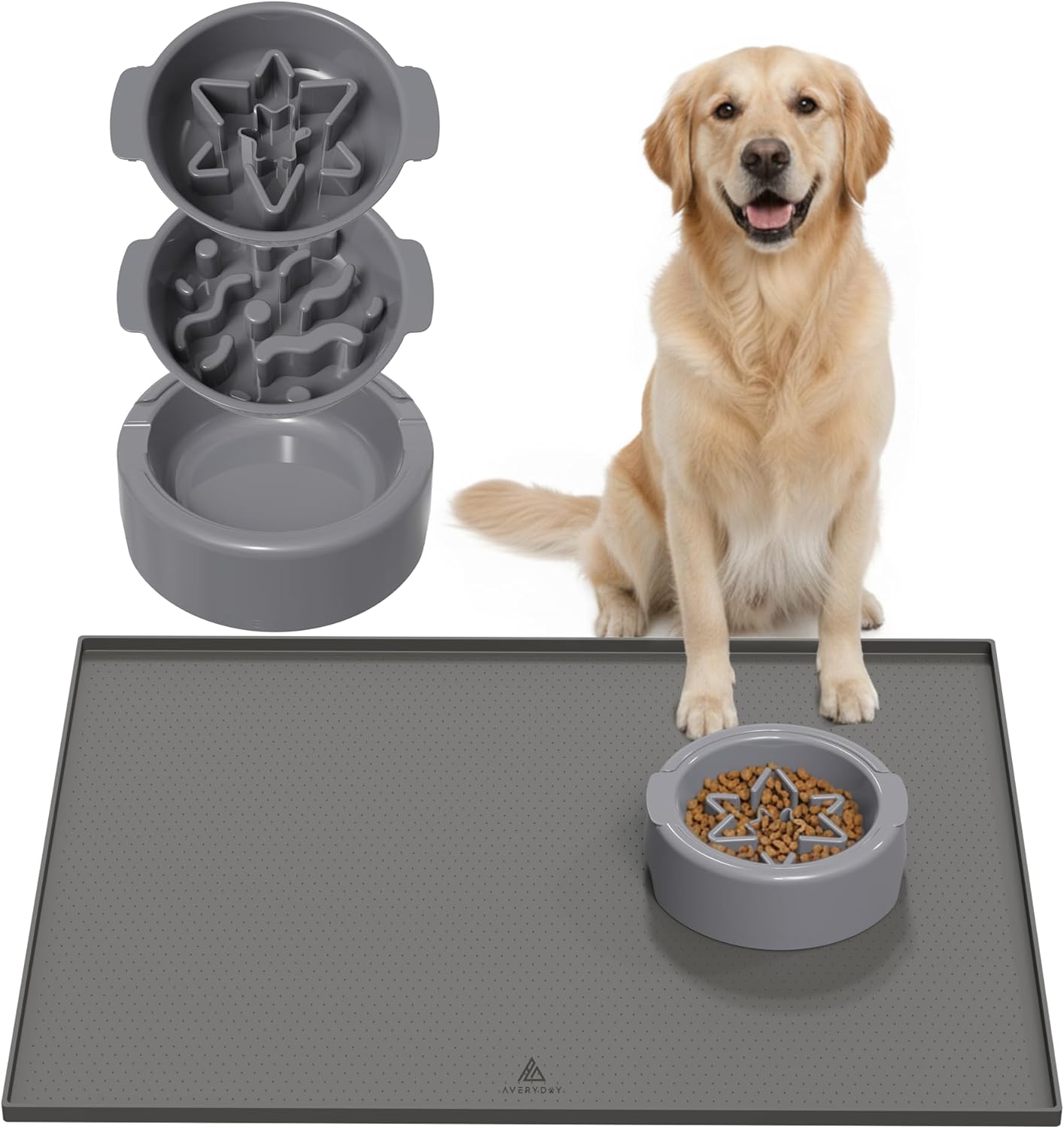 AVERYDAY 3-in-1 Slow Feeder Dog Bowls and 32x24'' Silicone Dog Mat Bundle