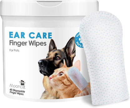 Mooncat Ear Cleaner Finger Wipes for Cats & Dogs and Silicone Grooming Brush Bundle - Gentle Ear Care Solution and Deshedding Massage Comb for Indoor Kittens