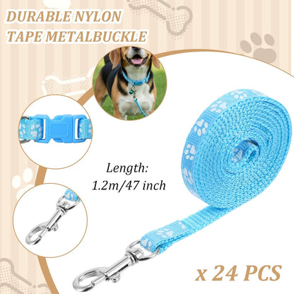 48 Pcs Dog Collar and Leash Set, Polypropylene Adjustable Puppy Collars for Small Pet Puppy Walking Training with Hook and Buckle, Litter Size(Multicolor,Paws Pattern)