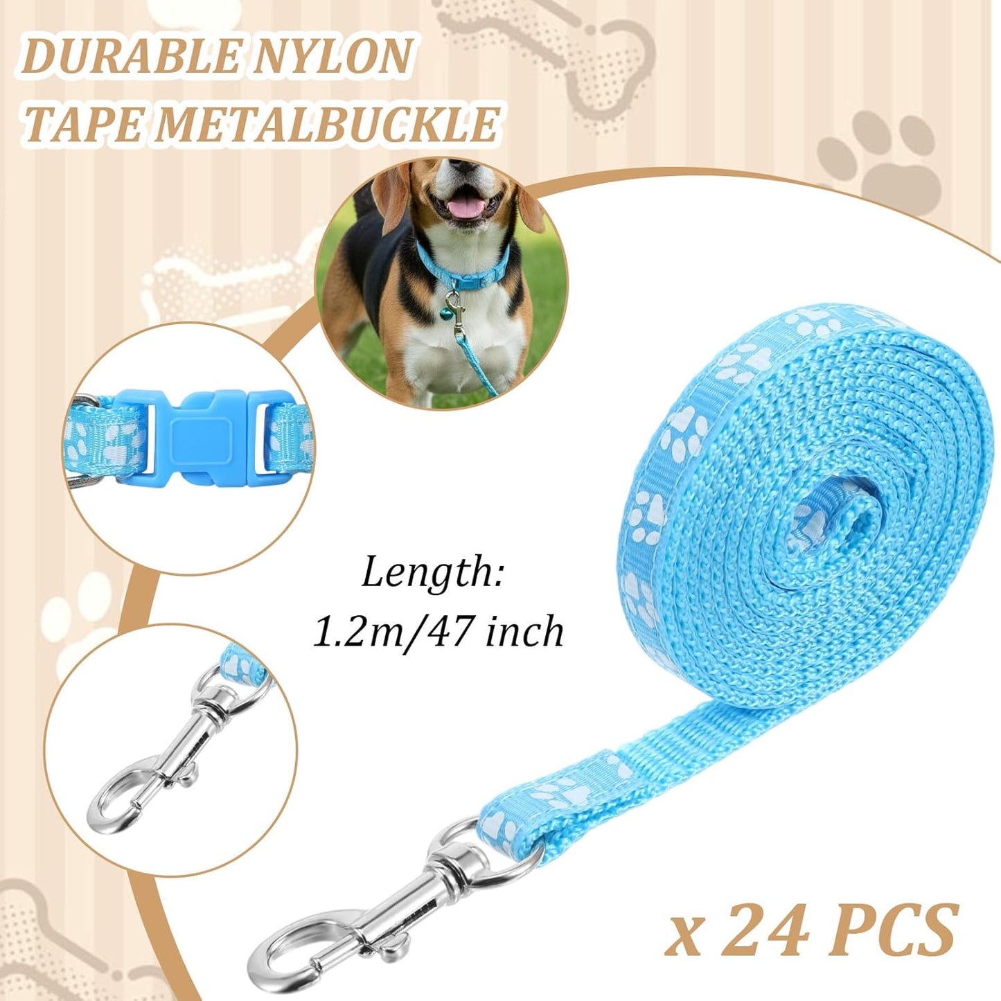 48 Pcs Dog Collar and Leash Set, Polypropylene Adjustable Puppy Collars for Small Pet Puppy Walking Training with Hook and Buckle, Litter Size(Multicolor,Paws Pattern)