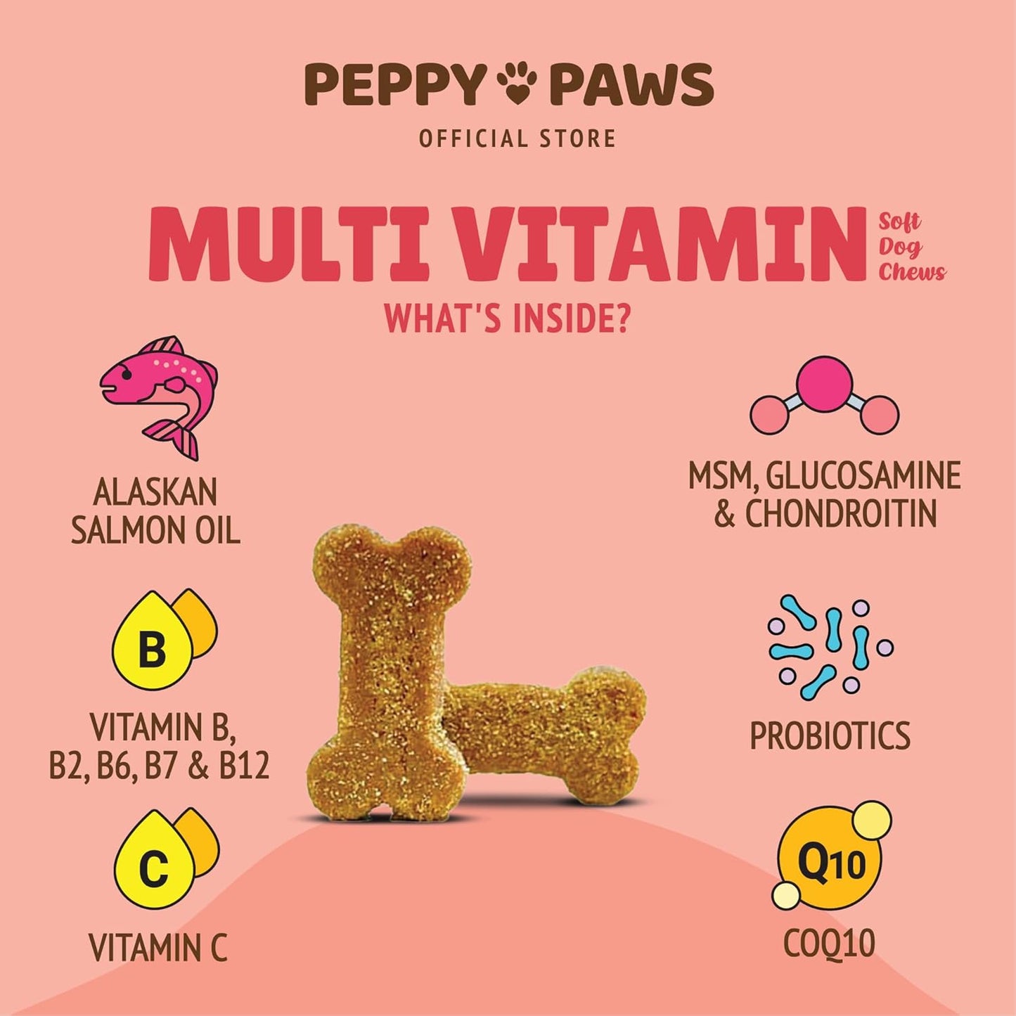 Dog Multivitamin Soft Chews – 120 Count | with Omega 3, Glucosamine, MSM, Chondroitin, CoQ10, Vitamins B & C | for Joint, Heart, Skin & Immune Support | Salmon Flavor | Non-GMO & Natural