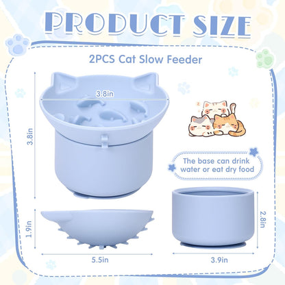2 Pack Silicone Cat Slow Feeder, Elevated Slow Feeder Cat Bowl for Dry and Wet Food, Tilted Design with Non Slip Base, Adjustable Angle for Pet(Gray and Blue)
