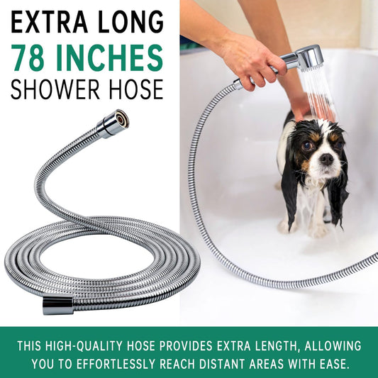 3 Mode Dog Shower Attachment, High Pressure Handheld Sprayer with ON/OFF Switch, G1/2" Metal Shower Diverter, 78 Inches Stainless Steel Hose, No Drill Hook, for Indoor Pet Bathing and Washing