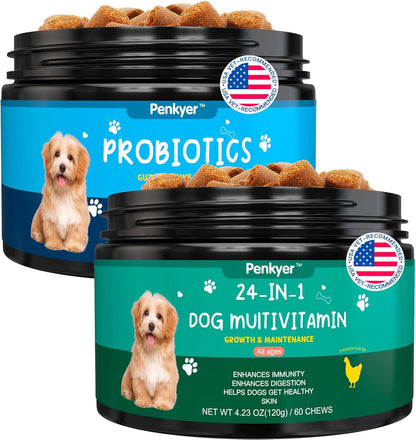 Probiotics for Dogs + Dog Multivitamin Supplement, Glucosamine, Digestive enzymes, Omega-3, Chews for Itchy Skin and Itchy Ears, Joint, Skin, Digestive Health, Immunity Health