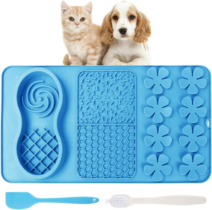 LONGFITE Large Dog Feeding Licking Snuffle Mat Silicone Slower Feeder Lick Mats Multi Use for Dry&Wet Food and Water with Brush and Spatula (Blue)