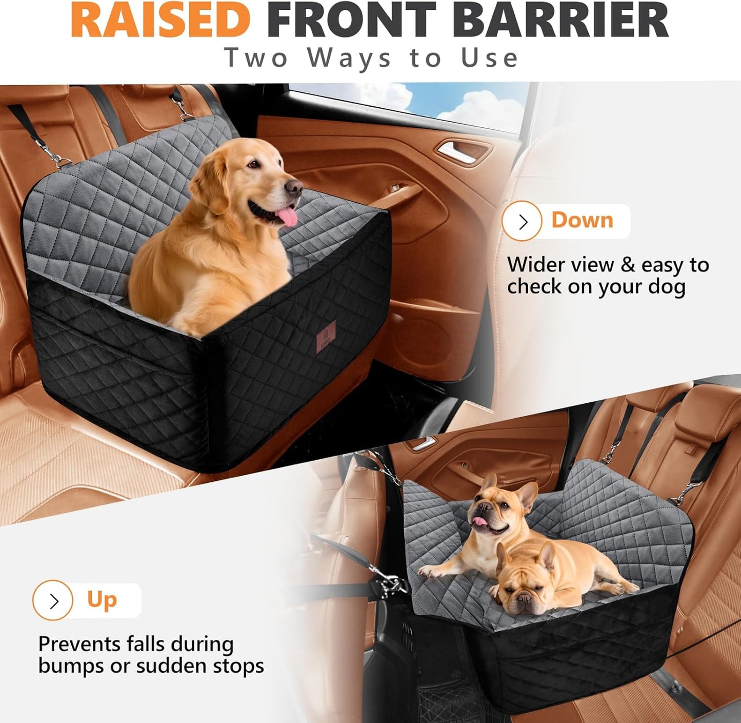 Dog Car Seat for Medium Dogs up to 55 lbs or 2 Small Dogs, Booster Car Seat with 4" Egg-Crate Foam, Detachable & Washable Cover (Black/Grey)