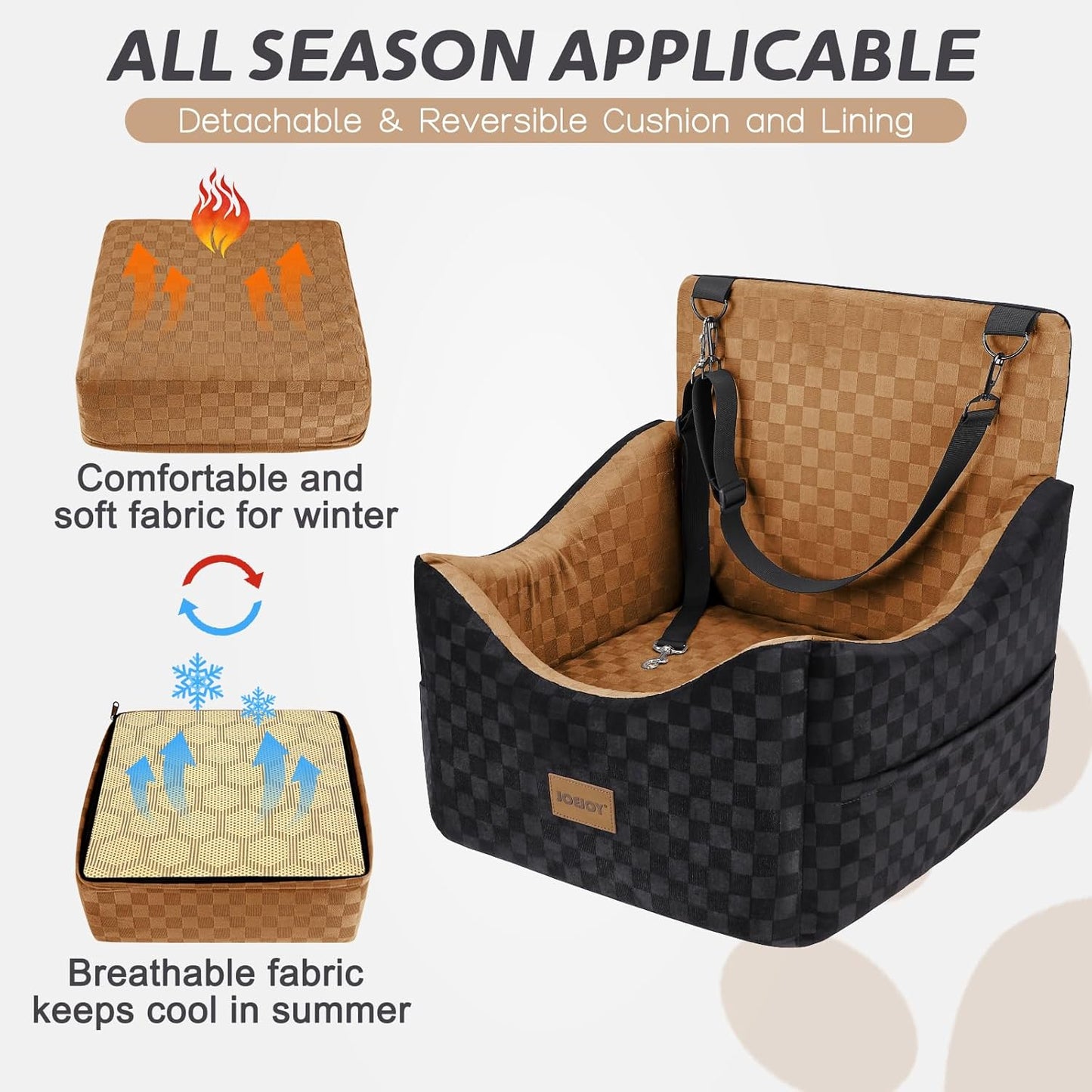 JOEJOY Elevated Dog Car Seat for Small/Medium Dogs up to 35 lbs, Memory Foam Booster Seat with Detachable Washable Cover, Travel-Safe Car Bed with Safety Belts & Storage Pockets, Brown