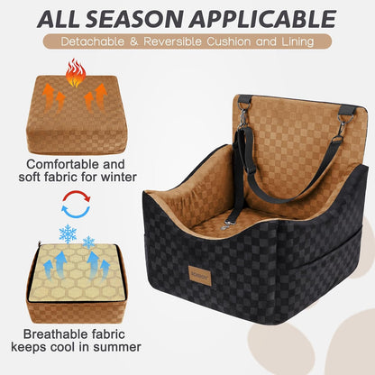 JOEJOY Elevated Dog Car Seat for Small/Medium Dogs up to 35 lbs, Memory Foam Booster Seat with Detachable Washable Cover, Travel-Safe Car Bed with Safety Belts & Storage Pockets, Brown