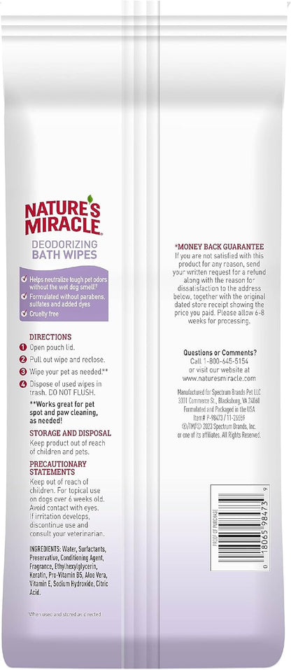 Nature's Miracle Deodorizing Bath Wipes for Dogs, 100 Count, Lavender Scent