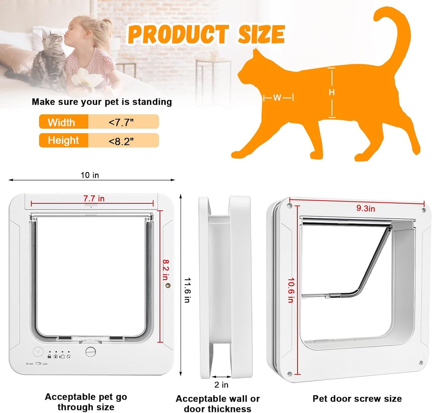 Smart Cat Door for Interior & Exterior, RFID Cat Pet Door with 3 Collar Sensor Keys & 1 Remote Control & 4 Way Locking Cat Flap with Collar Sensors Activated Opening CatDoor (White)
