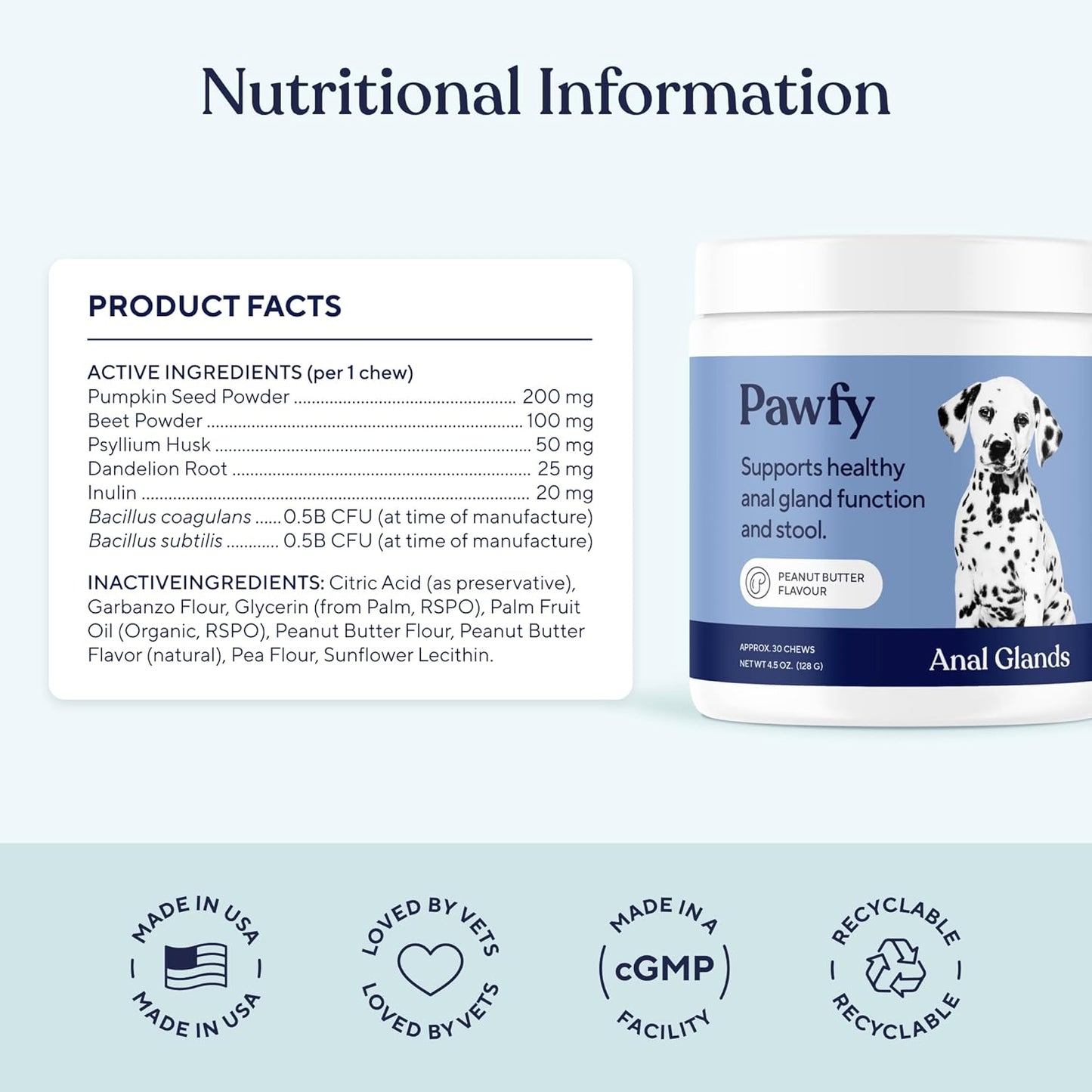 Pawfy Anal Gland Chews for Dogs with Peanut Butter | Dog Probiotics – Helps with Constipation, Digestive Health, and Gas Relief | Promotes Healthy Poops & Comfort - 30 Dog Supplements
