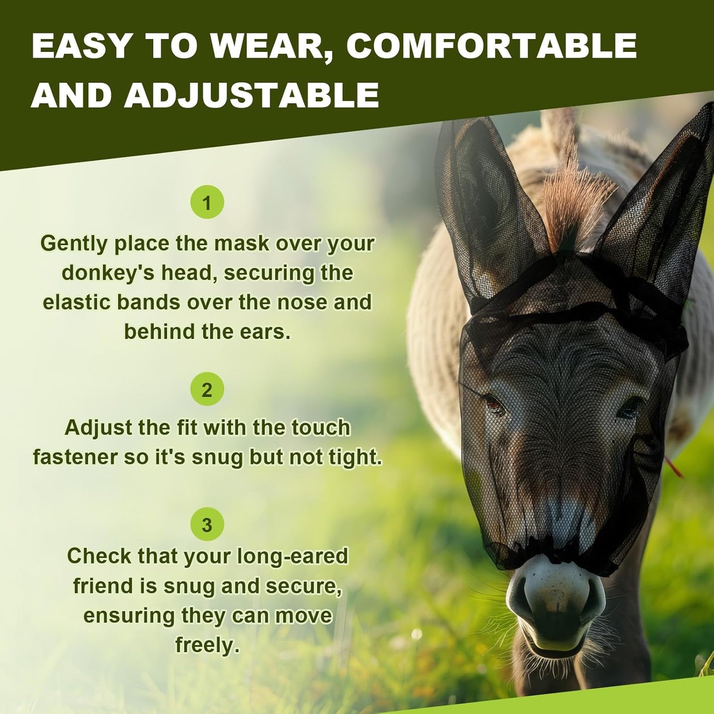 Small Donkey Fly Mask with Ears Protection Breathable Mule Fly Mask with Long Ears Protection from Insects and Bugs Soft Mesh with Adjustable Fastener Easy to get on and Off(Black)