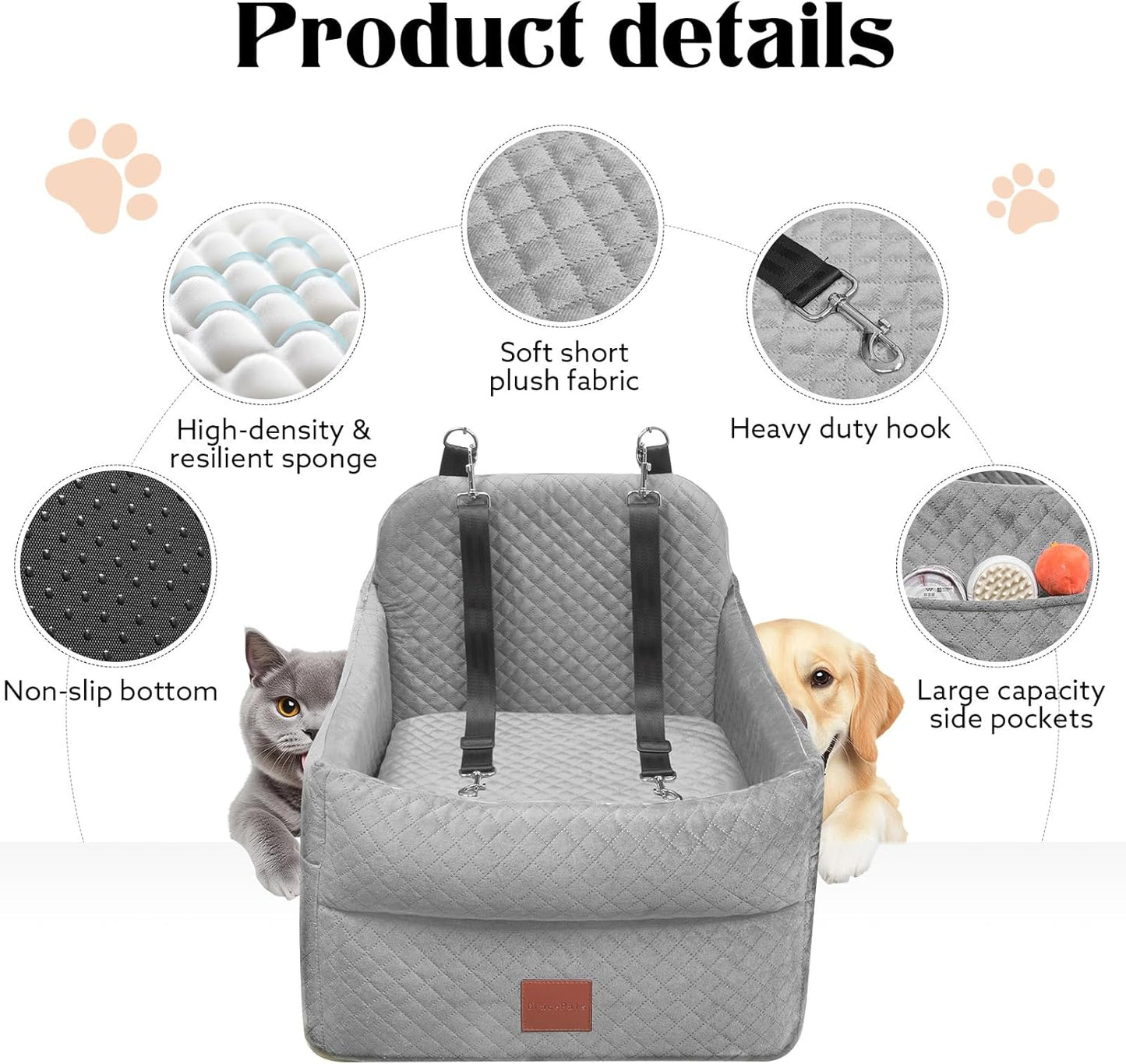 Dog Car Seat for Small/Medium Dogs Under 35lbs, Memory Foam Dog Booster Seats with Washable Removable Cover, Portable Travel-Safe Bed with 2 Safety Belts and Storage Pockets (Grey, Medium)