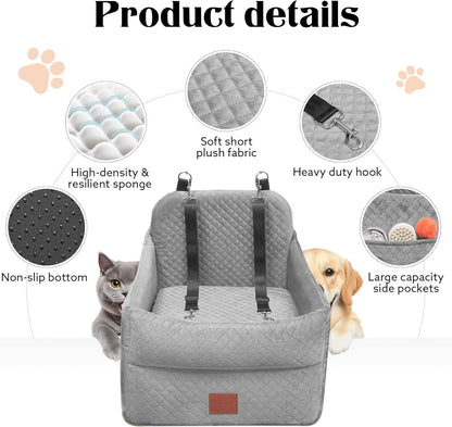 Dog Car Seat for Small/Medium Dogs Under 35lbs, Memory Foam Dog Booster Seats with Washable Removable Cover, Portable Travel-Safe Bed with 2 Safety Belts and Storage Pockets (Grey, Medium)