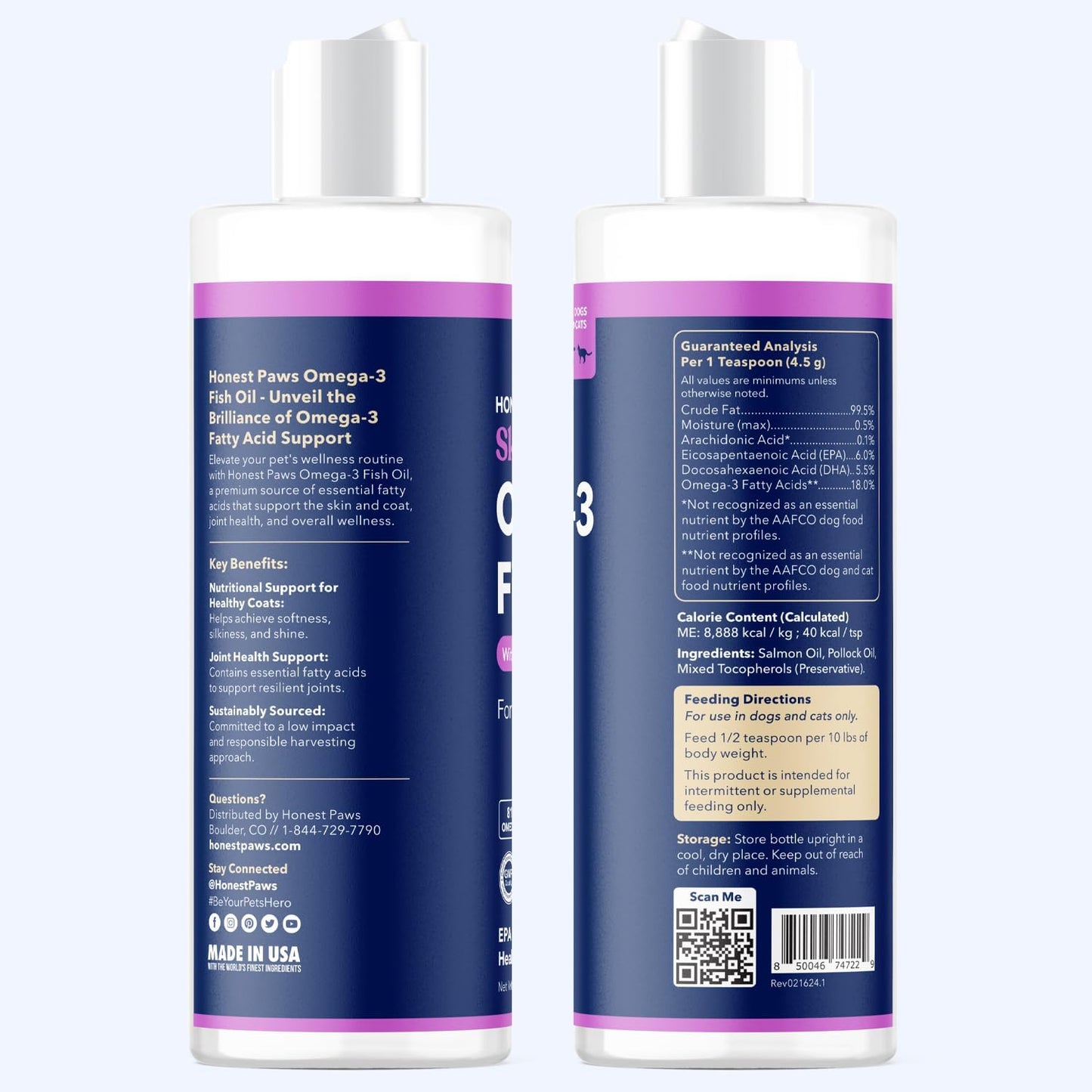 Honest Paws Salmon Oil for Dogs & Cats – Omega 3 Fish Oil Supplement for Skin, Coat, Joint & Heart Health – Natural, Sustainably Sourced Wild Alaskan Salmon, 8 oz