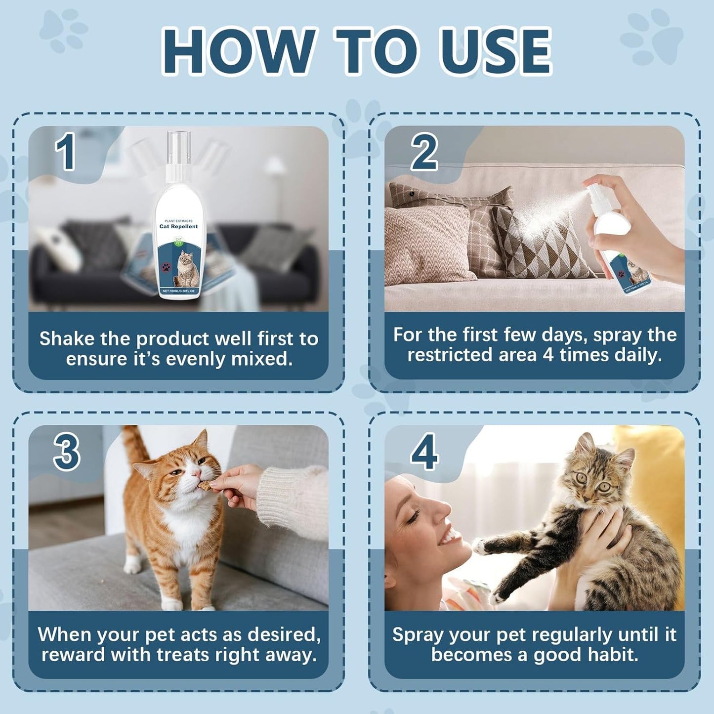 Cat Deterrent Spray, Botanical Cat Repellent Spray for Furniture, Gentle for Indoor & Outdoor Use, Helps Stop Urine Marking & Scratches, Effective Training Aid, 100ml