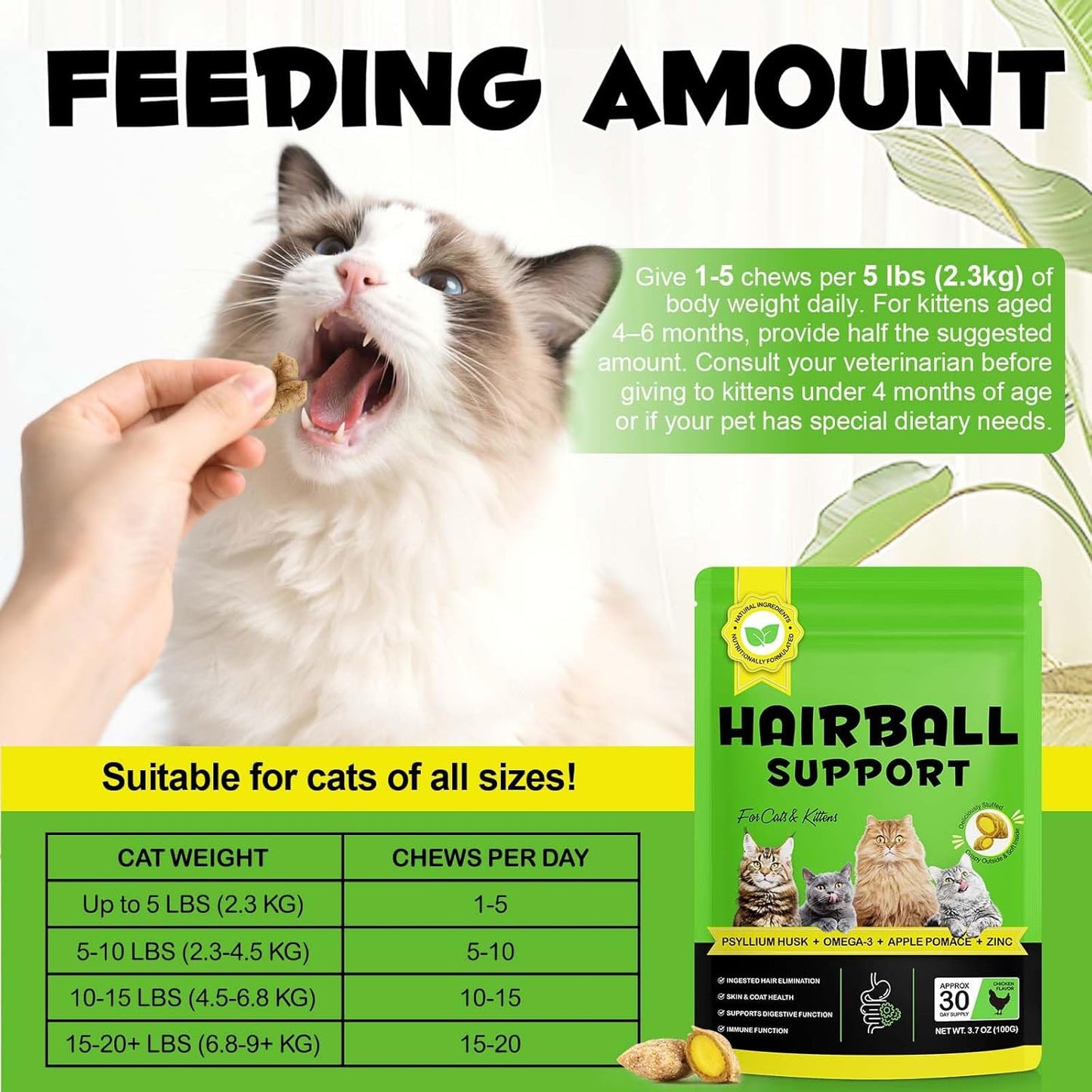 Cat Hairball Support Chews, Crunchy & Soft Chicken Flavor, Hairball Remedy Treat with Psyllium Husk & Omega-3, Supports Healthy Digestion, Skin & Coat, 30-Day Supply