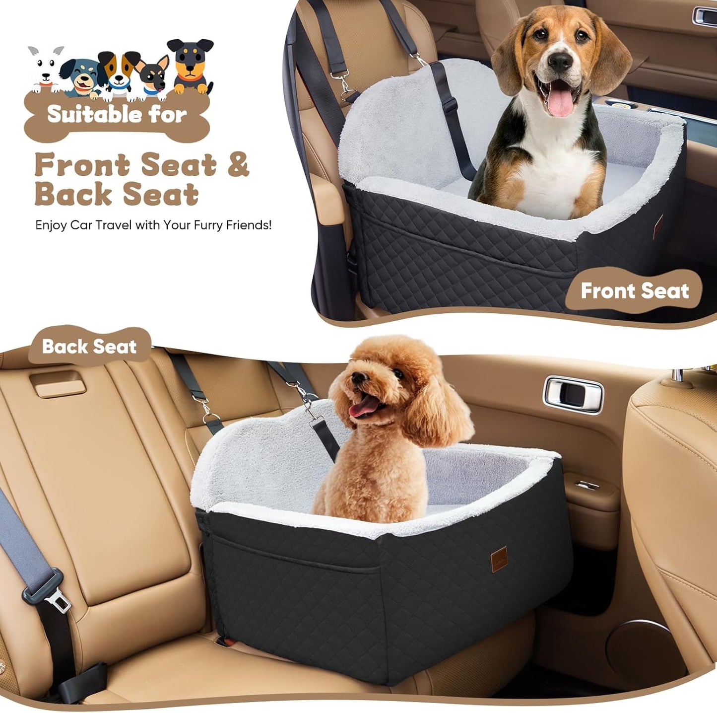 Dog Car Seats for Small Dogs, Detachable Dog Booster Car Seat with Storage Pockets Safety Belt, Pet Booster Cushion for Medium Dogs, Foldable Pet Sofa Cushion & Travel Bed