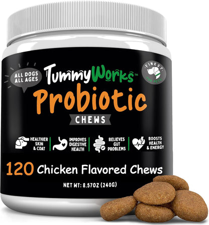 TummyWorks Probiotic 120 Soft Chews for Dogs All Ages - Supports Digestive Health, Relieves Diarrhea, Constipation, Good for Itching, Allergies, Yeast Infections. Added Digestive Enzymes, Made in USA