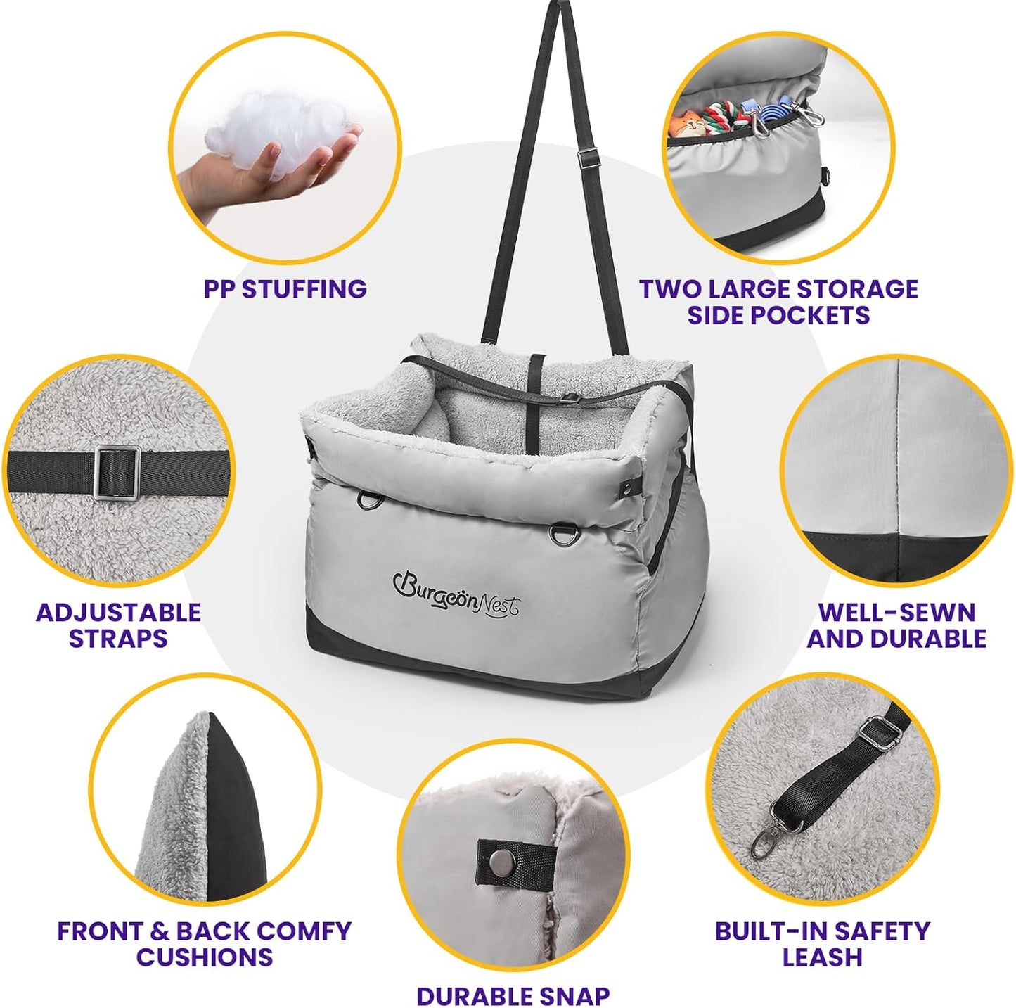BurgeonNest Dog Car Seat for Small Dogs, Fully Detachable and Washable Cat Carseats Under 25 lbs, Soft Pet Booster Seats with Storage Pockets and Clip-On Leash Portable Car Travel Carrier Bed, Grey