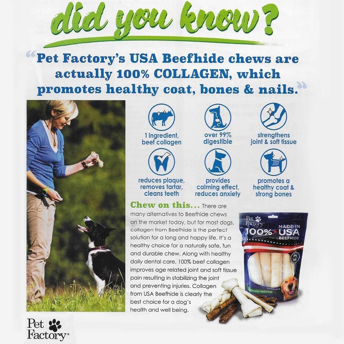 Pet Factory 7in Braided Beefhide Dog Chew Sticks with Peanut Butter Flavor - 100% USA Made Rawhide Chews for Medium Dogs, Long Lasting Dental Health, 7 inches (Pack of 6)