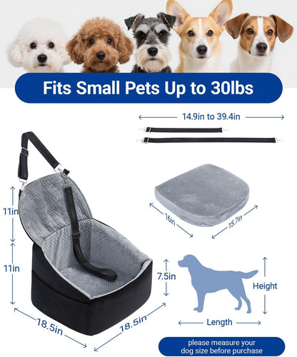 Dog Car Seat for Small Dogs, Pet Booster Seat with Extendable Backrest, Pet Car Seats up to 30 lbs, Washable Removable Cover Travel Bed with Storage Pockets and 2 Safety Leashes, Black&Grey