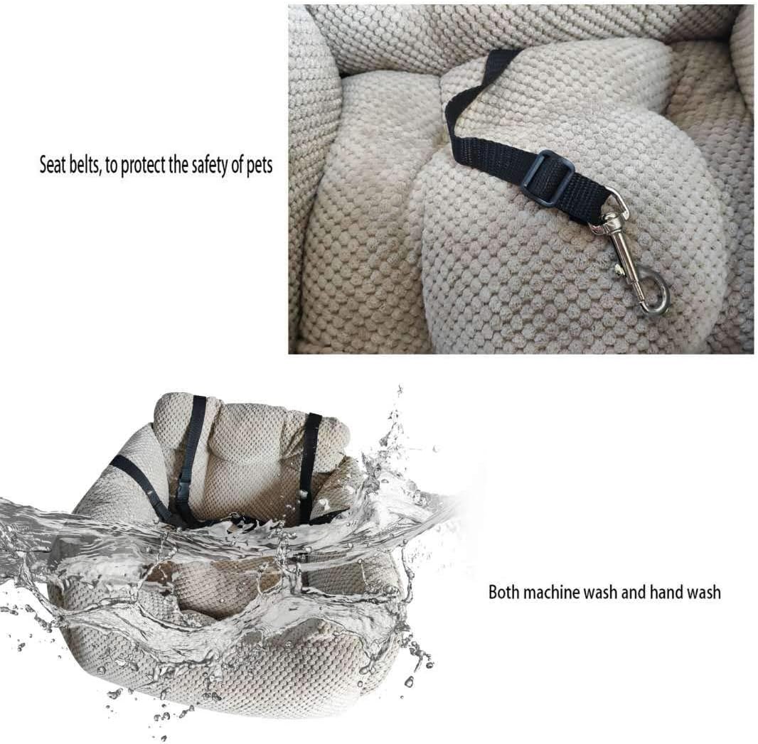 Series Deluxe Bucket Pets Dog Bed + Car Seat Carrier Booster Travel Safety with Two Removable Mats and Storage Pockets for Small Pets (Khaki)