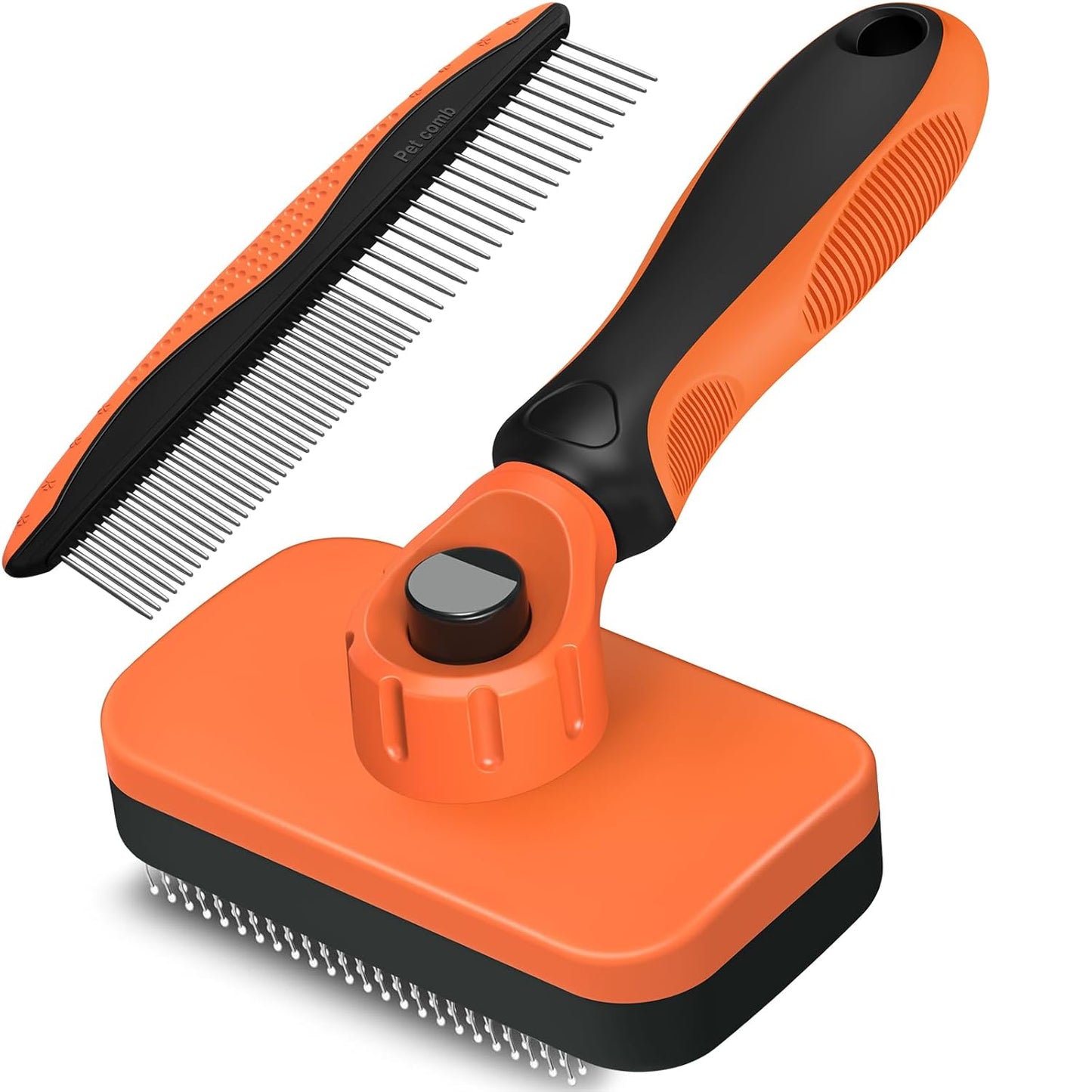 2PCS Self Cleaning Slicker Brush & Dog Comb - Skin Friendly Deshedding Grooming Tool for Dogs, Cats and Small Animals, Professional Deshedding Dematting Tool for Long and Short Haired Pets (Orange)
