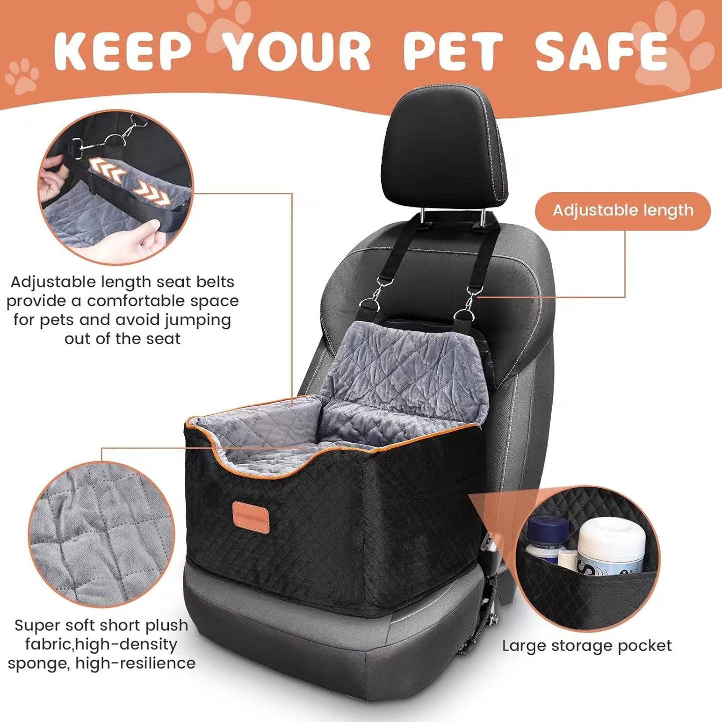 Memory Foam Booster Dog Car Seat with Washable Removable Cover, Elevated Pet Car Seat, Anti-Slip Sturdy Booster Seats for Small Dogs 35lbs, Seat Belt, Storage Pocket, Dog Blankets