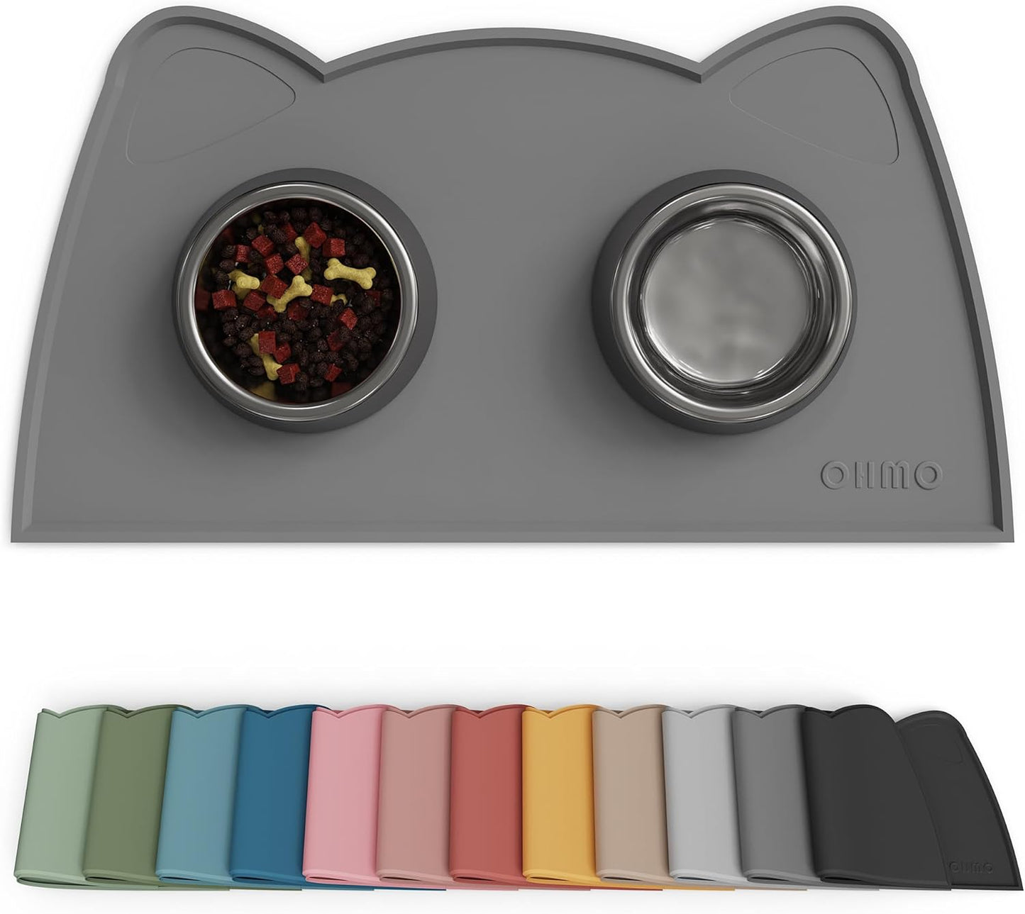 OHMO - Cat Food Mat, Silicone Pet Feeding Mat for Floor Non-Skid Waterproof Dog Water Bowl Tray, Easy to Clean Pet Placemat (Dark Grey, 18 * 9.8'')