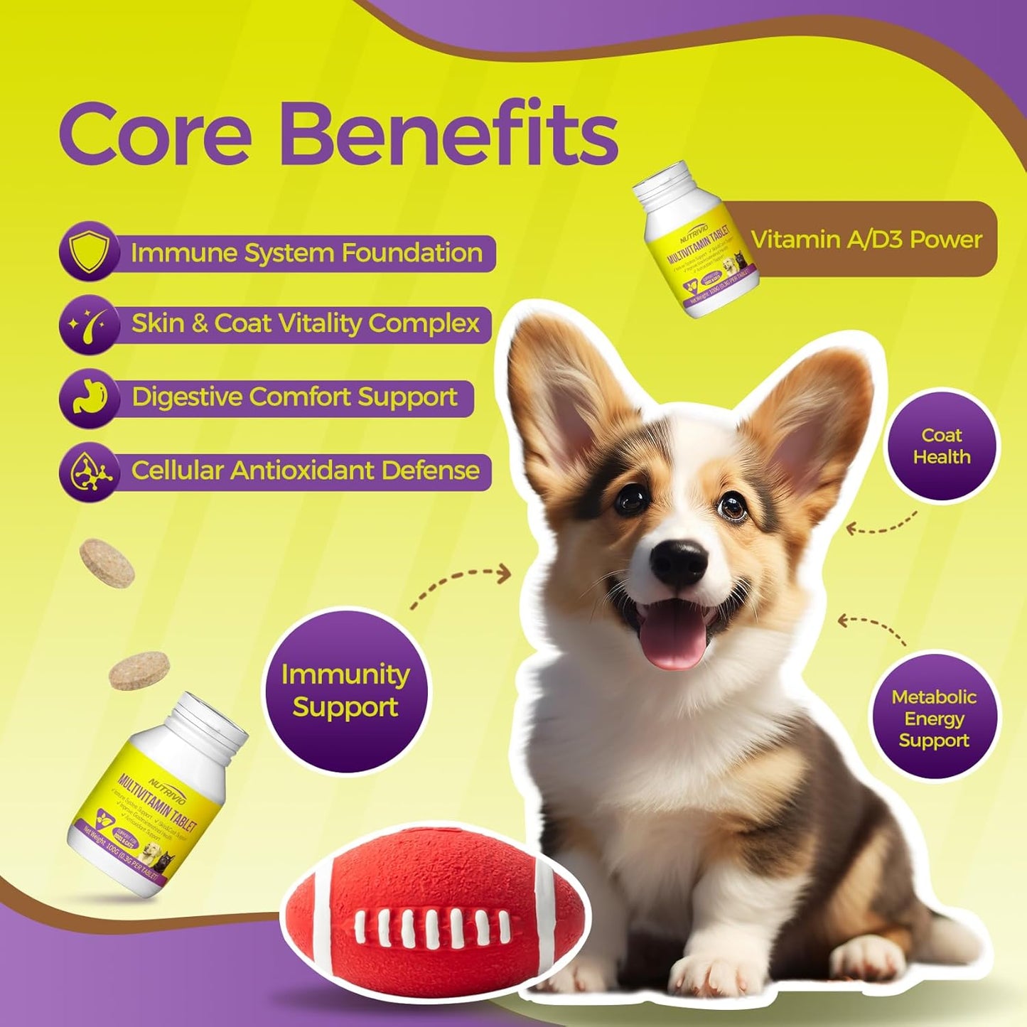 Dog Multivitamin Chewable Cat & Dog Vitamins and Supplements for Hip & Joints, Skin & Coat, Omega 3 Fish Oil for Dogs Tablets for Dogs & Cats, Vitamins- Immune Support 0.3g Per Tablet (100g)