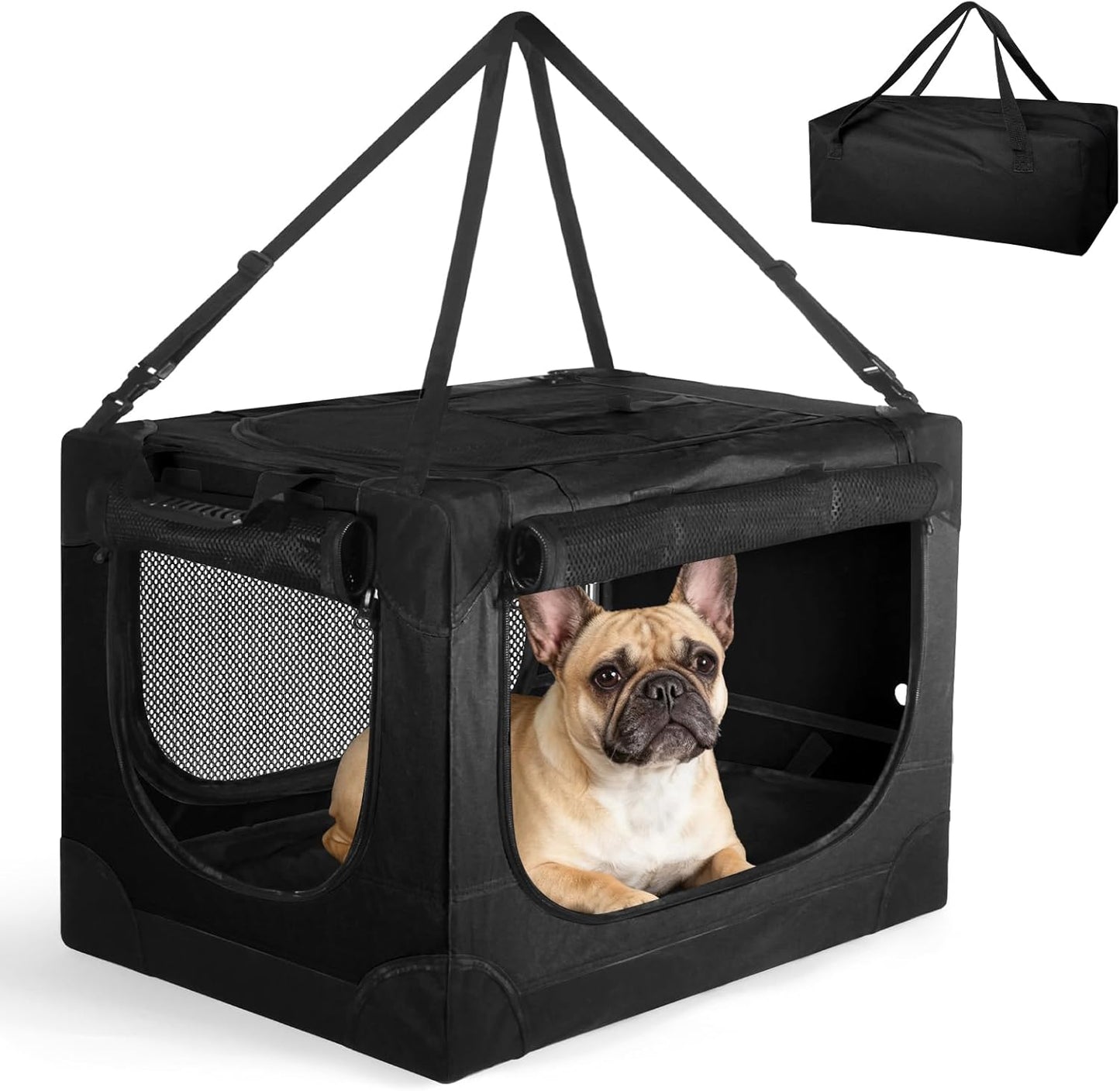 Soft Small Dog Crate - 24 inch Portable Travel Puppy Crate for Small Pets or 2 Cats, Collapsible Pet Carrier with 4 Mesh Doors, Car Kennel for Dogs with Handle for Indoor and Outdoor, Black