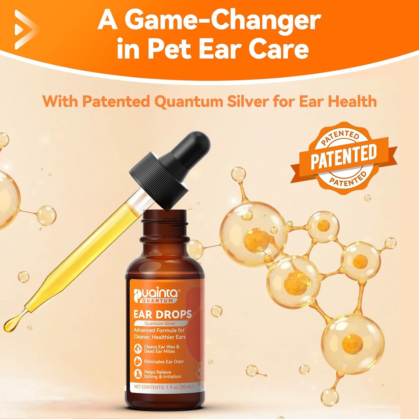 Dog Ear Drops with Finger Cots, Natural Dog Ear Cleaner and Infection Treatment, Quantum Silver Dog Ear Cleaning Solution for Itching, Irritation & Wax Build-Up,1oz