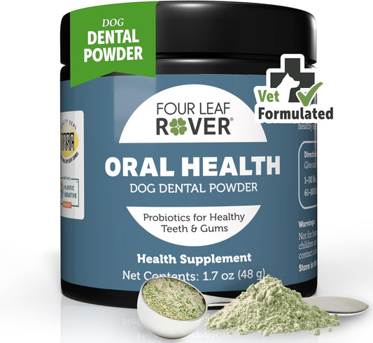 Four Leaf Rover Dog Dental Powder – Natural Probiotic Support for Bad Breath, Tartar & Plaque – with Red & Brown Kelp, Weissella Cibaria, Aloe & Chamomile – 30-Day Supply