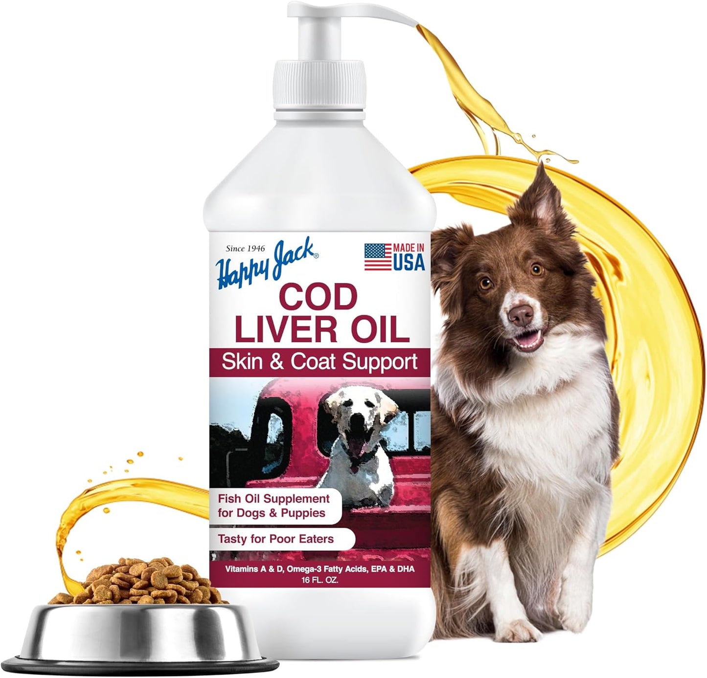Happy Jack Cod Liver Fish Oil for Dogs Skin and Coat Supplement, Brain, Eyes, Bones, Hip, Joint, Heart & Immune System Health, Energy Booster (16 oz), Omega 3 with EPA & DHA, Vitamin A & D