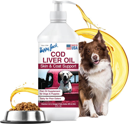 Happy Jack Cod Liver Fish Oil for Dogs Skin and Coat Supplement, Brain, Eyes, Bones, Hip, Joint, Heart & Immune System Health, Energy Booster (16 oz), Omega 3 with EPA & DHA, Vitamin A & D