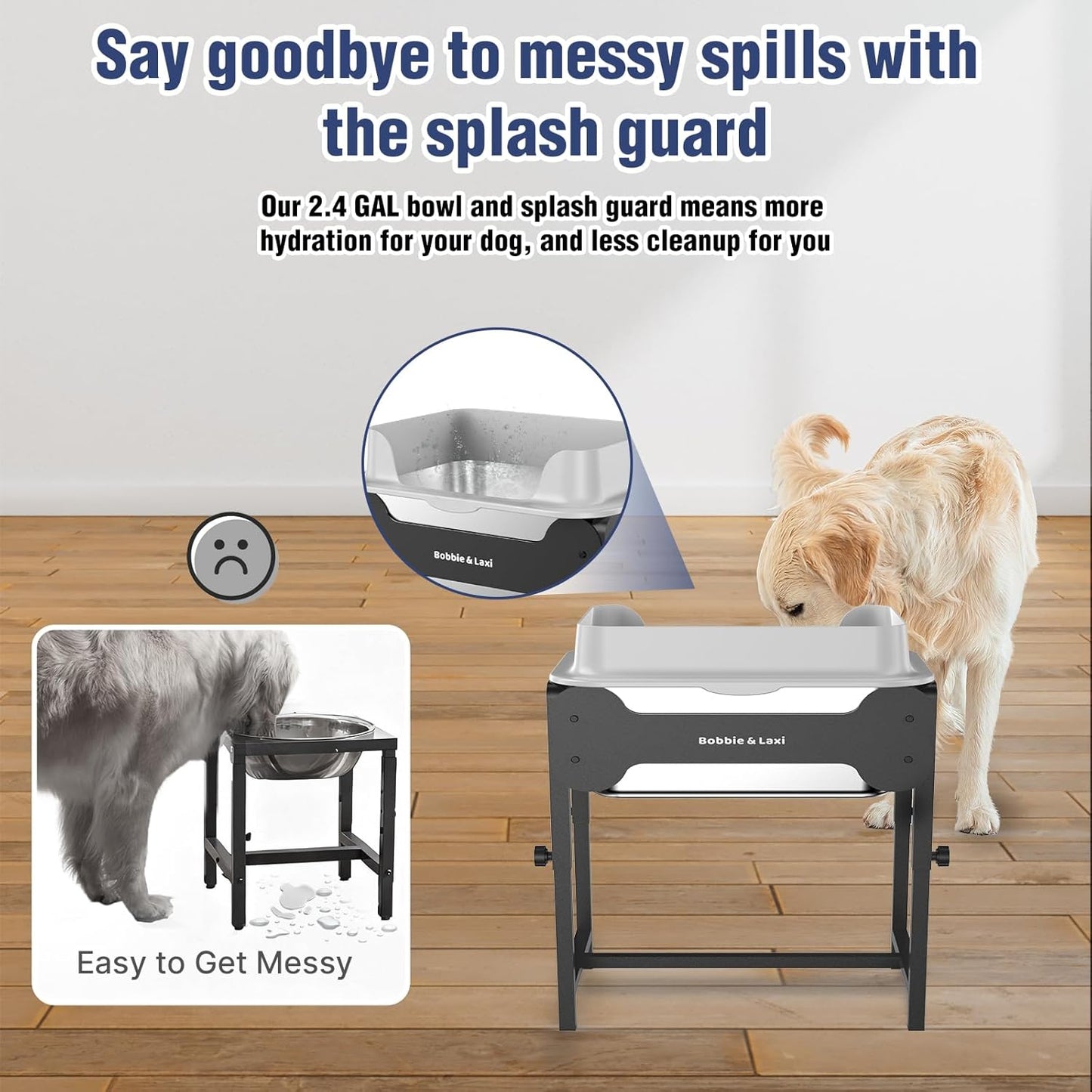 4-Height Adjustable Elevated Dog Water Bowl with Splash Guard, 2.5 Gallon No-Spill Large Capacity Raised Dog Water Bowl for Large & Medium Dogs, Non-Slip Stainless Steel Stand & Easy to Clean