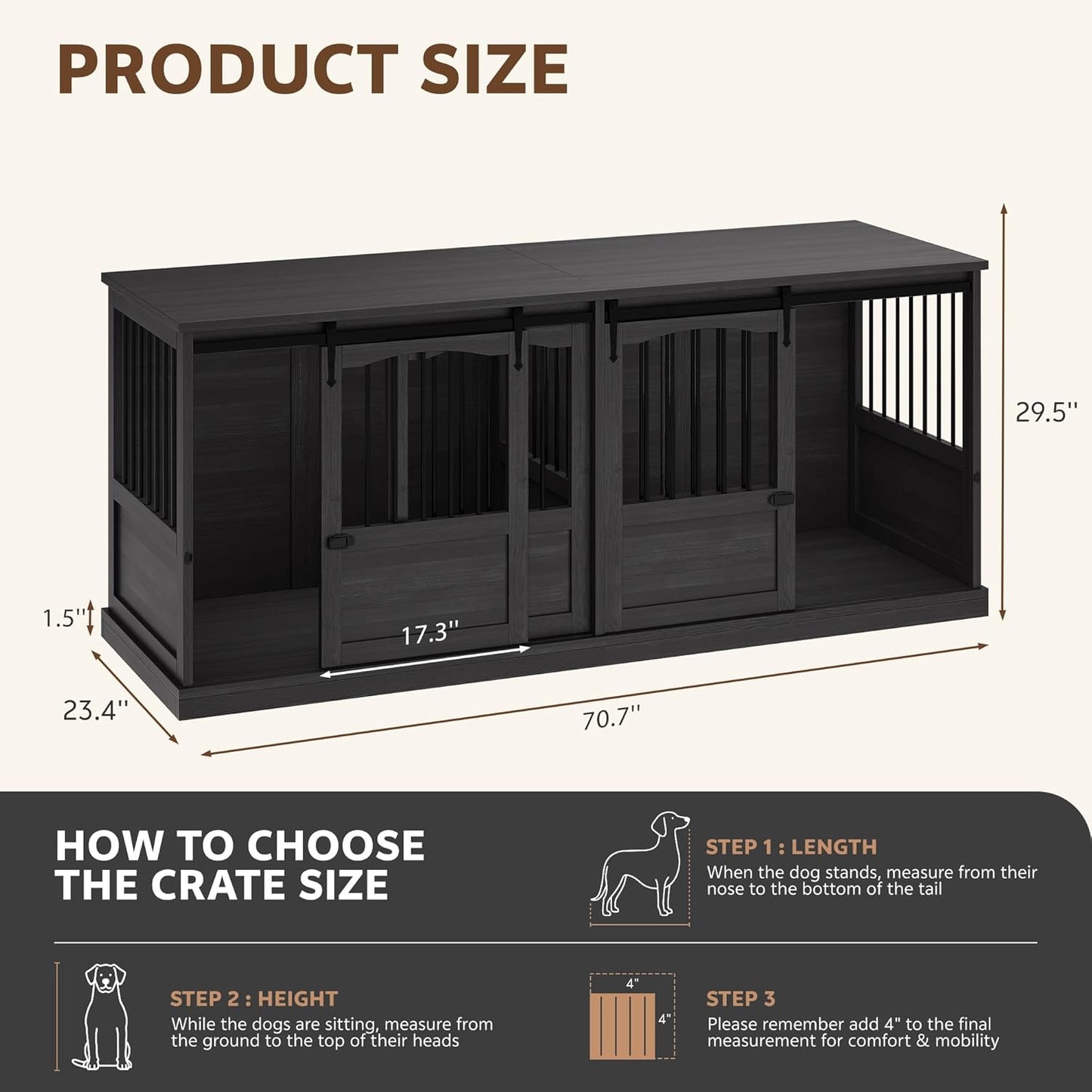 70.86" Double Dog Crate Furniture for 2 Medium Large Dogs Wooden Heavy Duty Dog Kennel Furniture with 2 Sliding Doors and Divider Decorative Dog Cage TV Stand End Table for Indoor Drak Grey