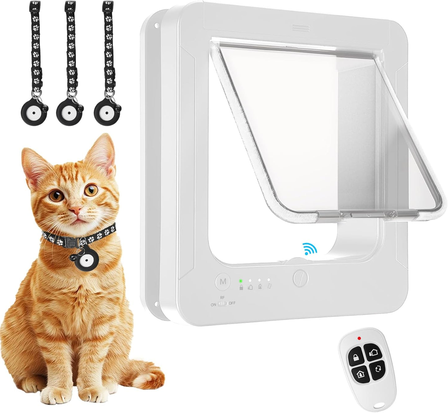 Smart Cat Door for Interior & Exterior, Cat Pet Door with 3 Collar Sensor Keys & 1 Remote Control & 4 Way Locking Cat Flap with RFID Collar Activated Opening Cat Door (White)