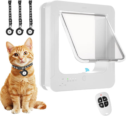 Smart Cat Door for Interior & Exterior, Cat Pet Door with 3 Collar Sensor Keys & 1 Remote Control & 4 Way Locking Cat Flap with RFID Collar Activated Opening Cat Door (White)