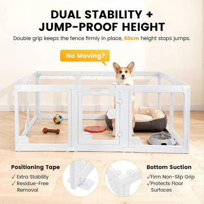 WICHEMI Acrylic Dog Playpen Indoor 10 Panels, Dog Play Pen Indoors 23.6" H, Puppy Play Pen with Double Door Lock, Small Animal Playpen with Suction Cup, White