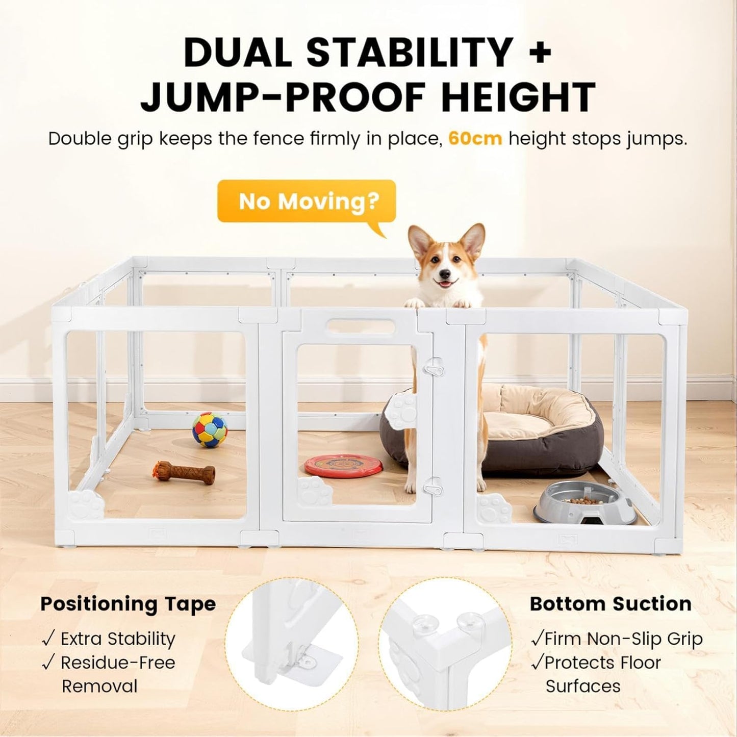 WICHEMI Acrylic Dog Playpen Indoor 10 Panels, Dog Play Pen Indoors 23.6" H, Puppy Play Pen with Double Door Lock, Small Animal Playpen with Suction Cup, White
