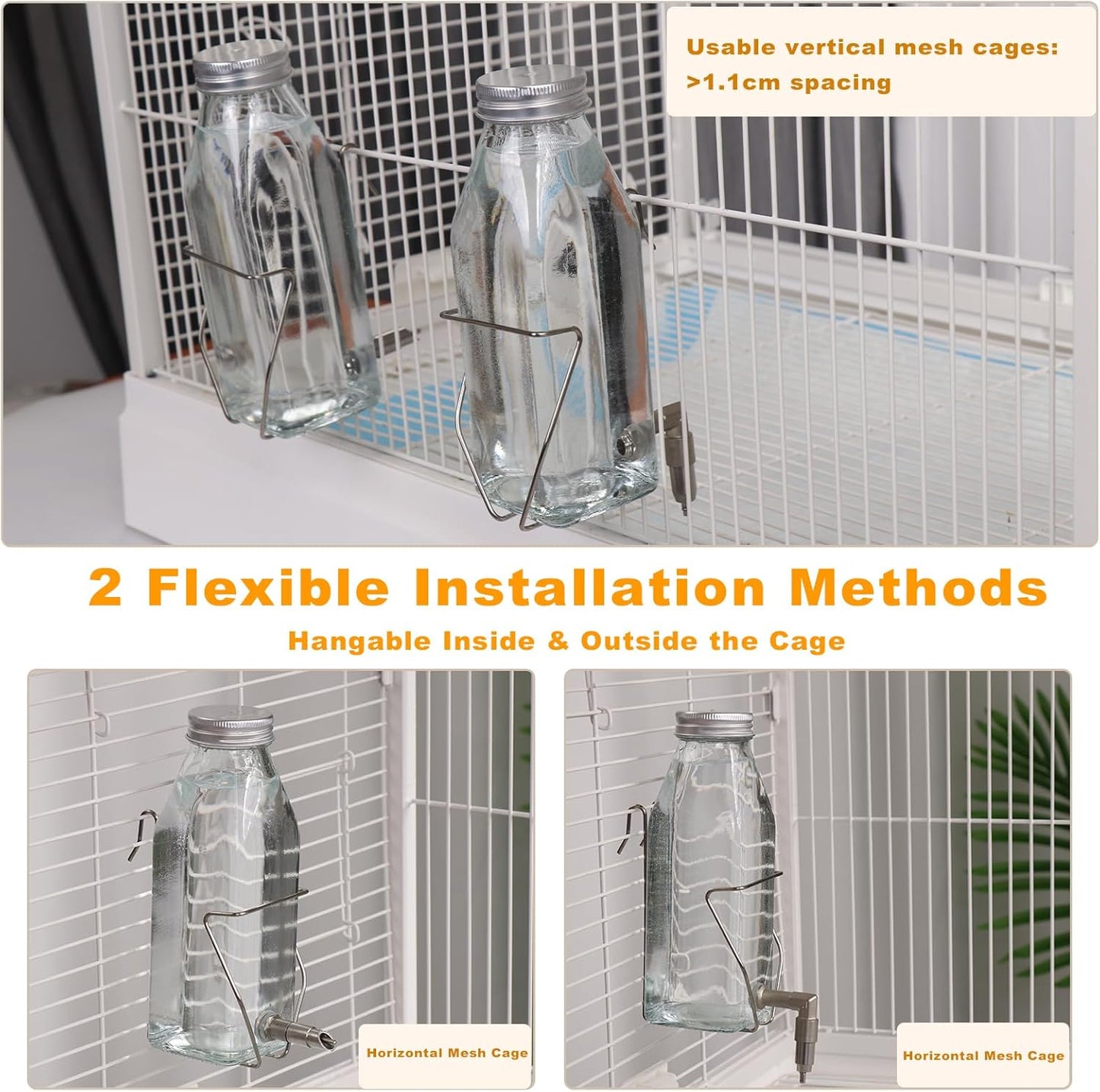 Guinea Pig & Rabbit Water Bottle, 350ml No-Drip Chew-Proof Glass Dispenser with Stainless Steel Nozzle for Hamster, Squirrel, Bird, Guinea Pig Cage (350-S)