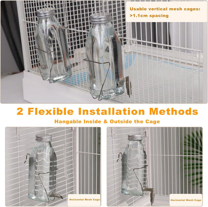 Guinea Pig & Rabbit Water Bottle, 350ml No-Drip Chew-Proof Glass Dispenser with Stainless Steel Nozzle for Hamster, Squirrel, Bird, Guinea Pig Cage (350-S)