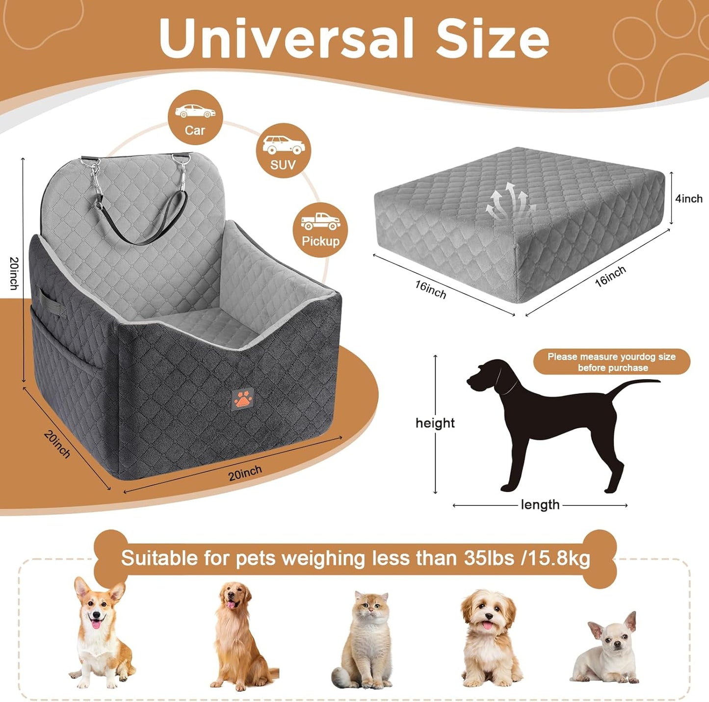 Dog Car Seat for Small/Medium Dogs Up to 35lbs, Pet Booster CarSeat with Thick Cushion, Detachable Washable Pet Car Bed with Storage Pockets, 2 Safety Belts (Grey)
