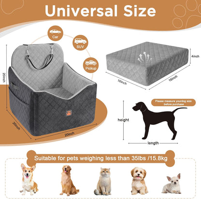 Dog Car Seat for Small/Medium Dogs Up to 35lbs, Pet Booster CarSeat with Thick Cushion, Detachable Washable Pet Car Bed with Storage Pockets, 2 Safety Belts (Grey)